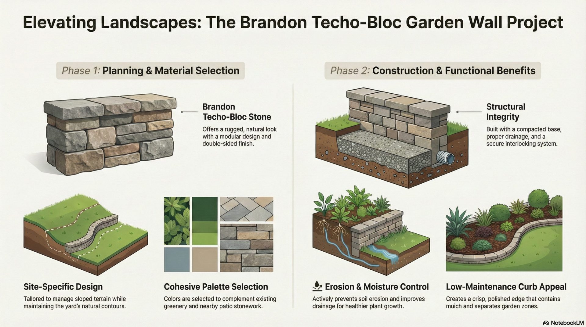 infographic showing a custom garden bed wall project in huntersville, north carolina using brandon techo-bloc stones. the graphic highlights the double-sided interlocking wall system, featuring a slate-textured finish that mimics natural masonry to create a durable and elegant raised planter for residential landscaping
