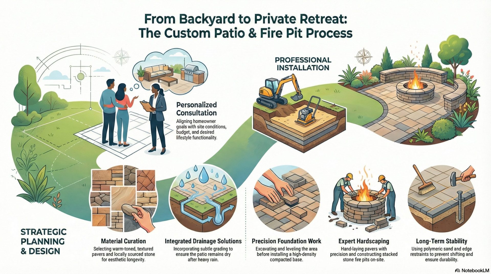 infographic of a custom paver patio and integrated stone fire pit project in charlotte, north carolina. the graphic highlights the circular fire pit design, textured patio pavers, and seating area layout designed to create a functional outdoor gathering space for homeowners in the queen city