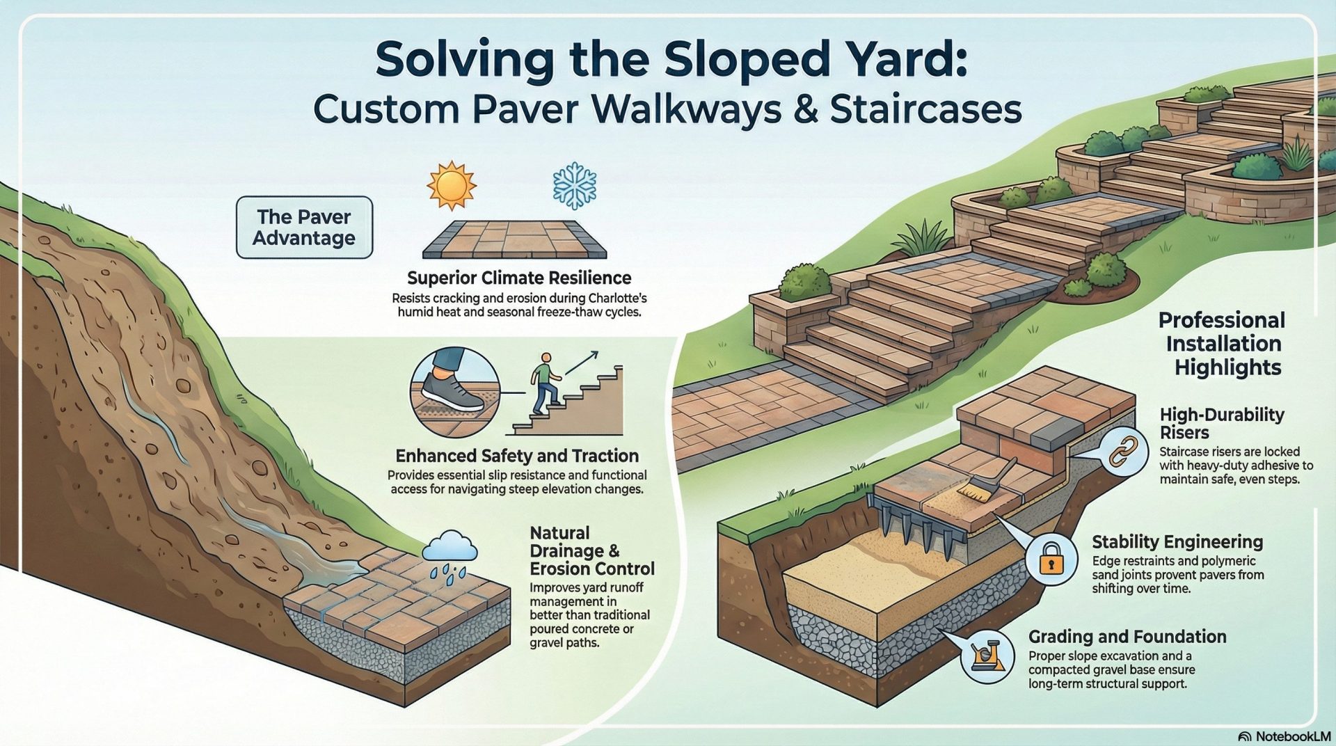 infographic detailing a custom paver walkway installation in charlotte, nc. the graphic illustrates the design process for a front entry path, highlighting the use of premium pavers to enhance curb appeal, create durable walking surfaces, and increase property value for north carolina homeowners
