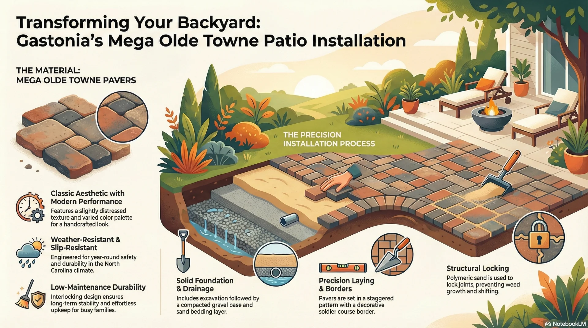 infographic showcasing a patio installation in gastonia, north carolina using mega olde towne pavers. the graphic illustrates the transformation from a plain backyard to a functional outdoor living space with textured pavers and professional masonry design