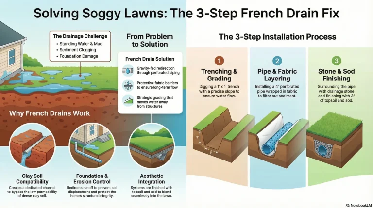 infographic titled 'solving a soggy lawn with a french drain fix.' the graphic illustrates a cross-section of a french drain installation, showing a trench lined with filter fabric, filled with gravel, and a perforated pipe at the bottom to redirect water away from a residential lawn