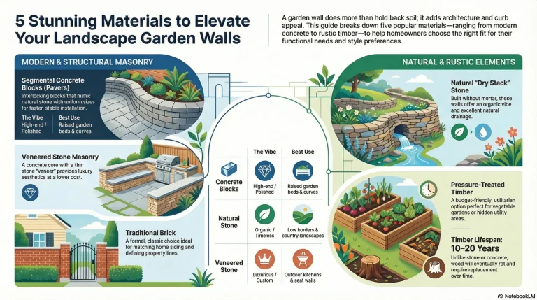infographic comparing common garden wall materials including natural stone, concrete blocks, timber, brick, and gabion. the graphic outlines the benefits of each, such as the durability of stone and the cost-effectiveness of timber, to help homeowners choose the best material for their landscape