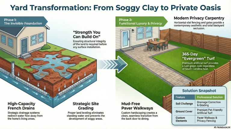 infographic showcasing a fort mill yard transformation, illustrating a before-and-after landscape design. the graphic highlights key features like new sod, a retaining wall, flower beds, and improved drainage to enhance curb appeal for a south carolina home