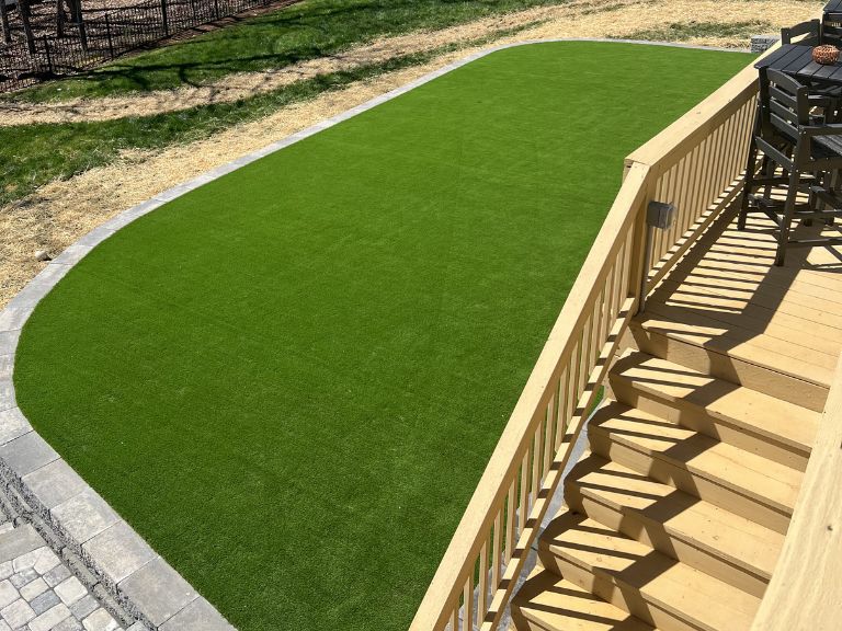 Final overview photo of completed artificial turf backyard at Roselyn Lancaster SC — CLT Pros Purchase Green installation