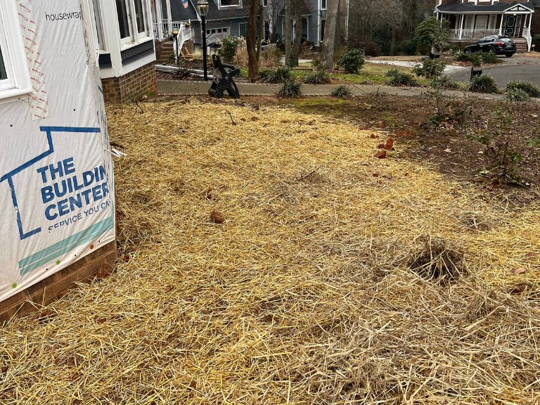 straw-covered graded garden bed along the street in matthews, nc