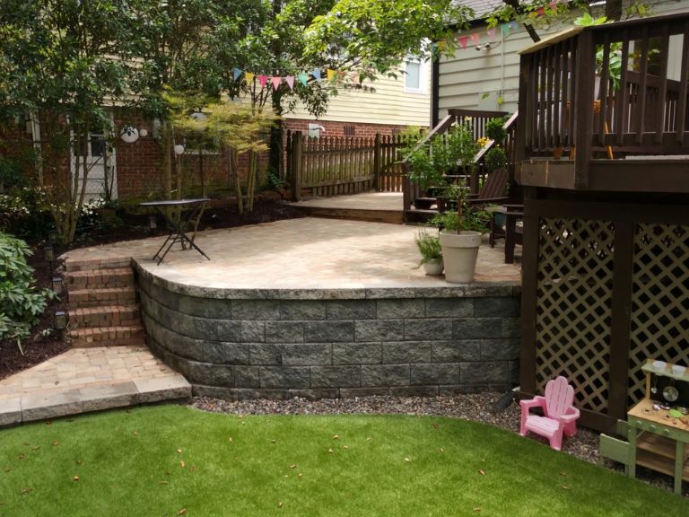 Plaza Midwood Charlotte NC backyard with curved retaining walls, paver patio, and artificial turf — CLT Pros