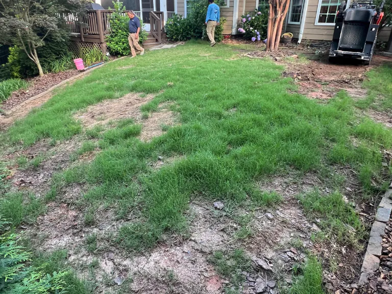 patchy natural grass lawn with bare dirt spots before artificial turf installation in tega cay, sc