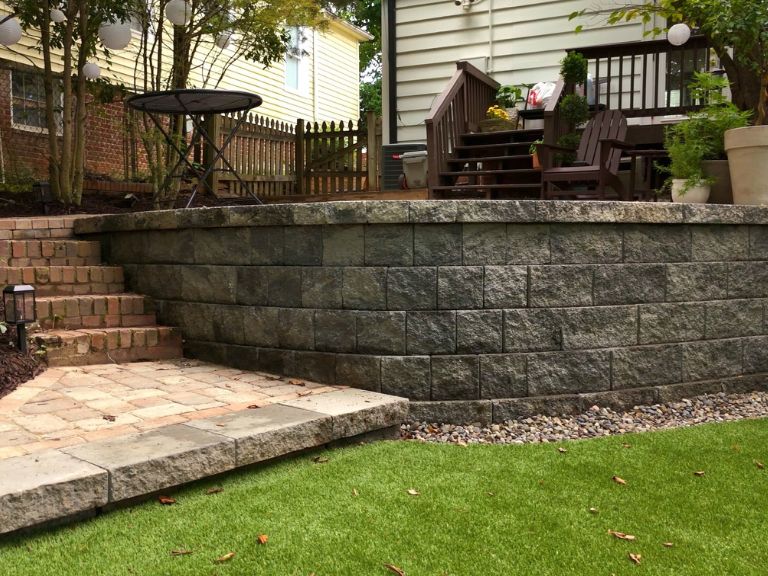 ground-level view of segmental block retaining wall with paver walkway below and artificial turf level at base in plaza midwood charlotte nc — clt pros
