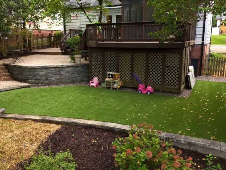 wide-angle view of plaza midwood charlotte nc backyard showing artificial turf play area, pea gravel border, mulch beds, and retaining wall patio above — clt pros