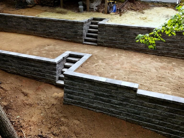 Two-tier terraced retaining wall with artificial turf installed between tiers — CLT Pros, South Carolina