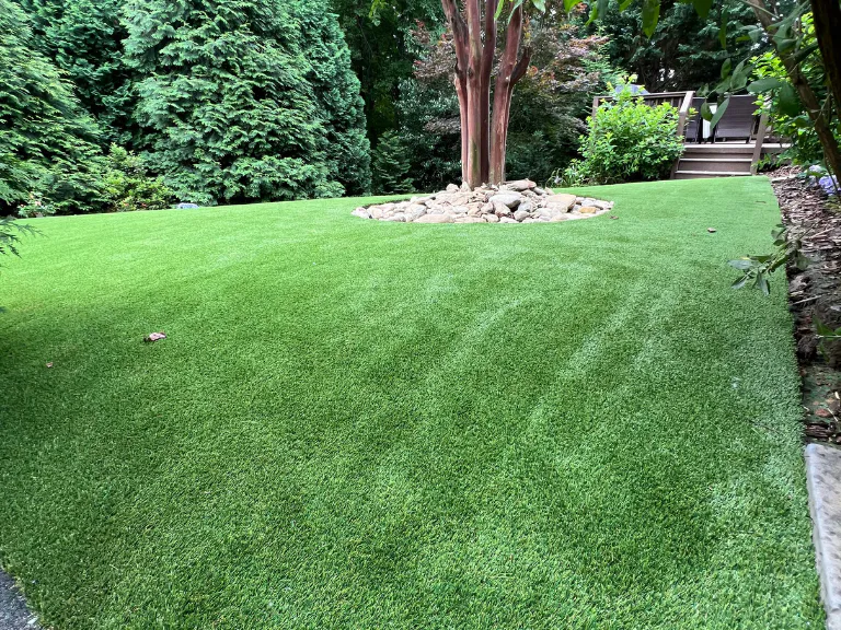 artificial turf lawn running to the back steps and tree ring in a tega cay, sc yard